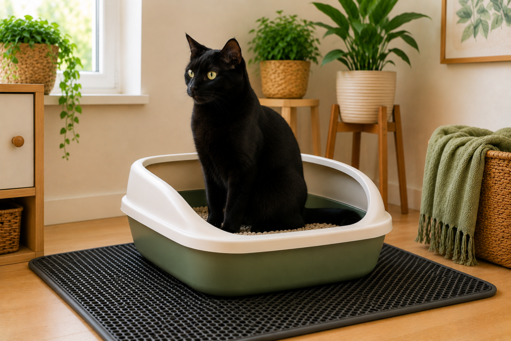Gato preto sentado confortavelmente dentro de uma caixa de areia